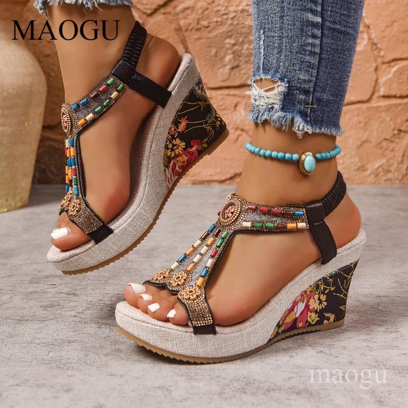 Boho Beaded Floral Wedge Sanda - Ethnic Fashion In 评论和价格